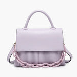 Lavender handbag with a chain detail, hand strap and shoulder strap close-up