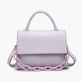 Lavender handbag with a chain detail, hand strap and shoulder strap close-up