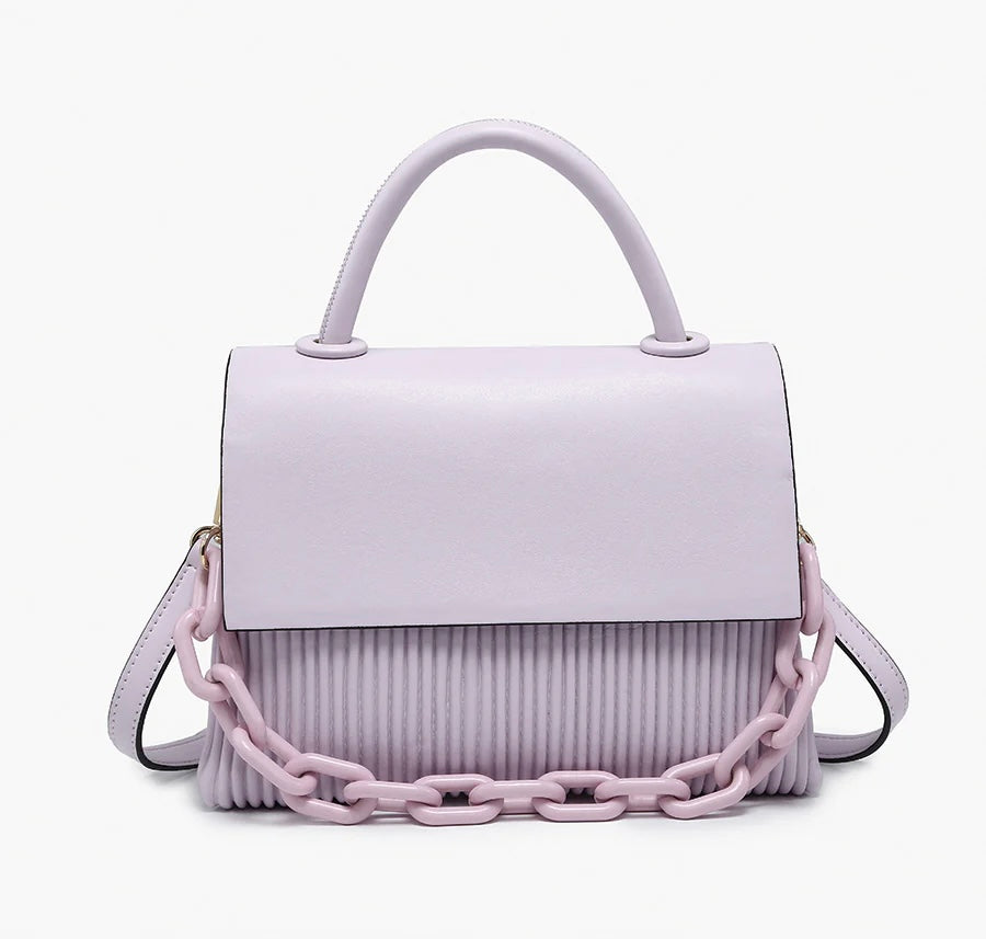 Lavender handbag with a chain detail, hand strap and shoulder strap close-up