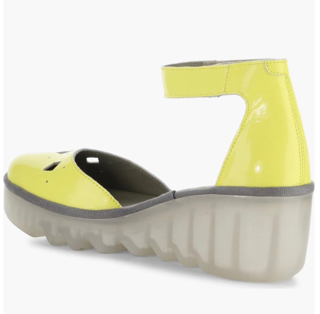 Yellow wedge with clear sole and velcro strap side alternate view