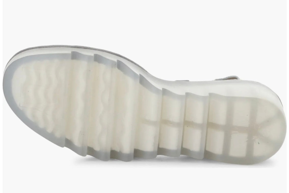Yellow wedge with clear sole and velcro strap bottom view