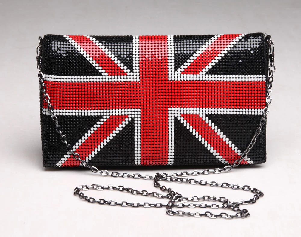Clutch bag with Union Jack design and chain strap close-up