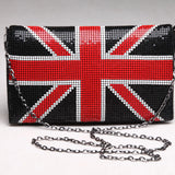 Clutch bag with Union Jack design and chain strap close-up