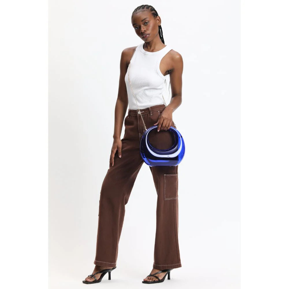 Transparent blue circular acrylic handbag with a gold chain strap model 4