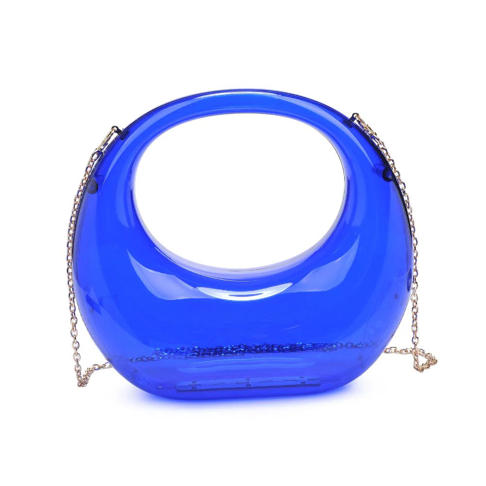Transparent blue circular acrylic handbag with a gold chain strap close-up