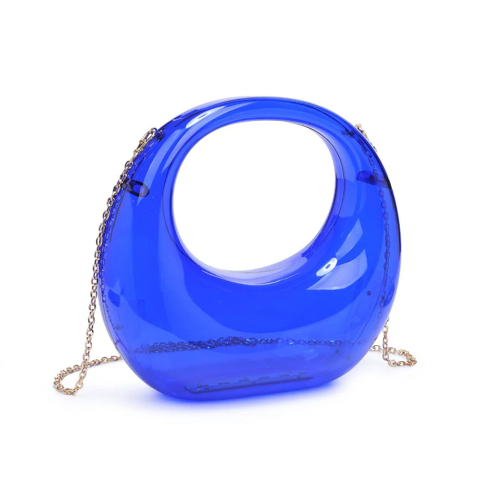 Transparent blue circular acrylic handbag with a gold chain strap alt view