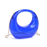 Transparent blue circular acrylic handbag with a gold chain strap alt view