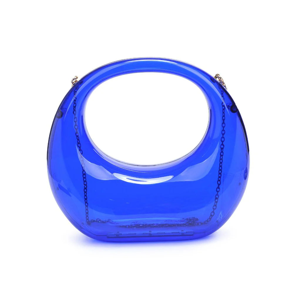 Transparent blue circular acrylic handbag with a gold chain strap back