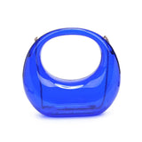Transparent blue circular acrylic handbag with a gold chain strap back