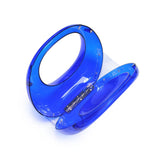 Transparent blue circular acrylic handbag with a gold chain strap opening