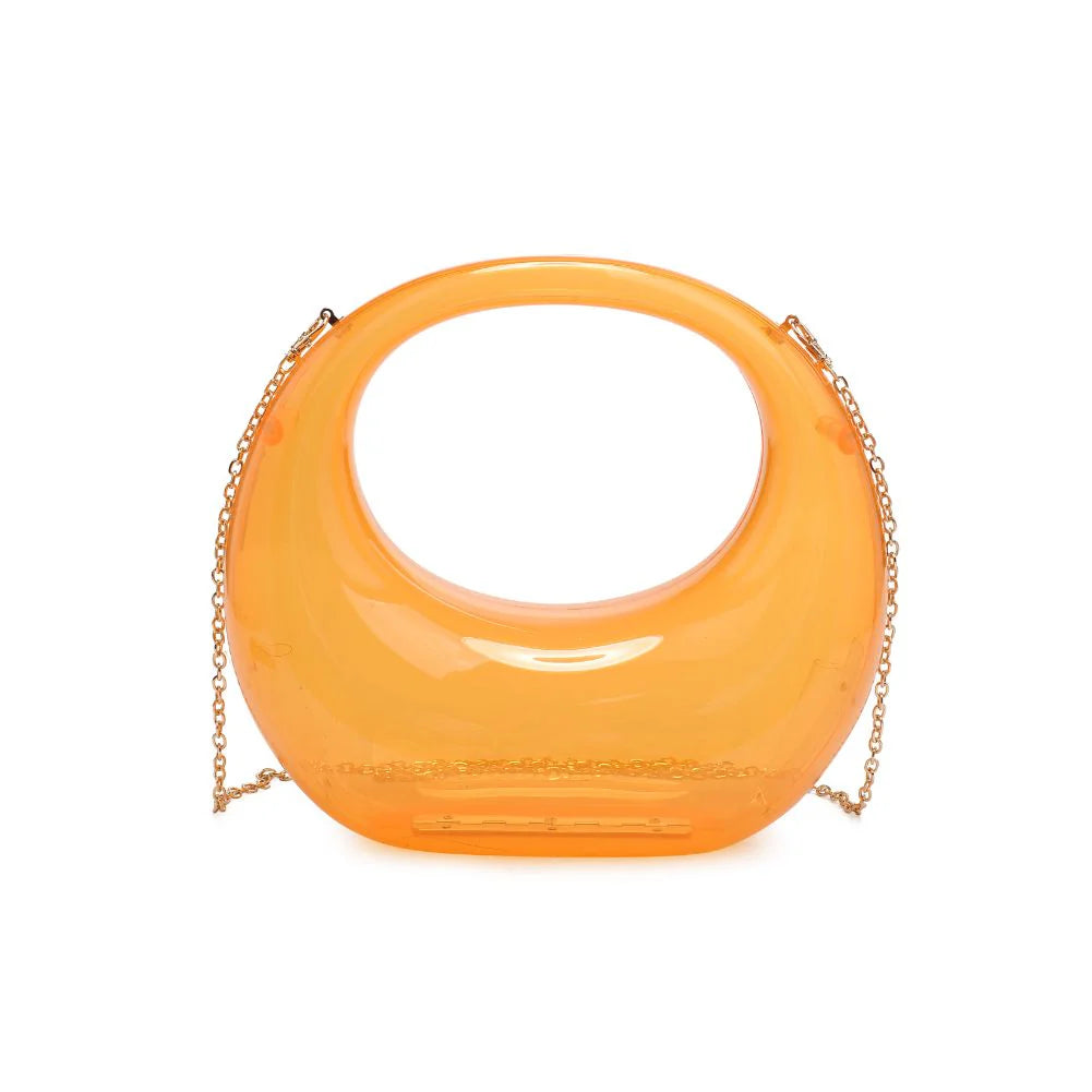 Transparent orange circular acrylic handbag with a gold chain strap alt view 2
