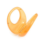 Transparent orange circular acrylic handbag with a gold chain strap opening