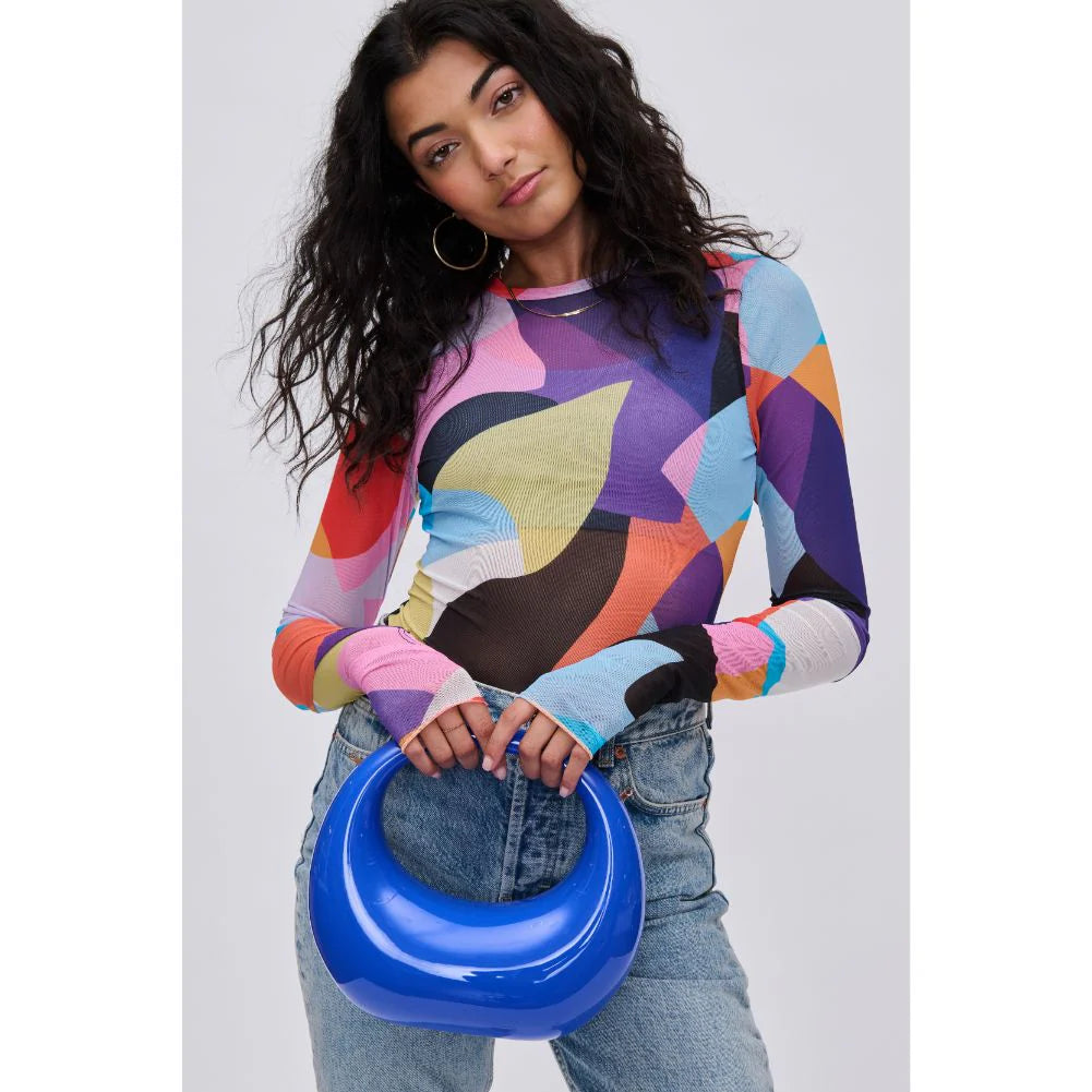 Blue circular acrylic handbag with a gold chain strap model