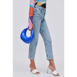 Blue circular acrylic handbag with a gold chain strap model 2