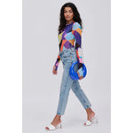 Blue circular acrylic handbag with a gold chain strap model 3