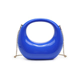 Blue circular acrylic handbag with a gold chain strap