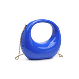 Blue circular acrylic handbag with a gold chain strap alt view