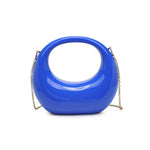 Blue circular acrylic handbag with a gold chain strap alt view 2