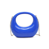 Blue circular acrylic handbag with a gold chain strap alt view 2
