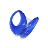 Blue circular acrylic handbag with a gold chain strap opening