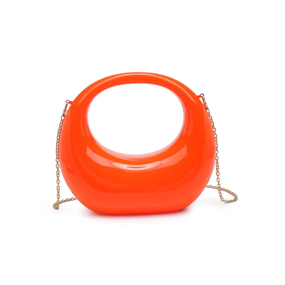 Orange circular acrylic handbag with a gold chain strap