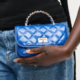 Blue leather quilted handbag with chain strap model