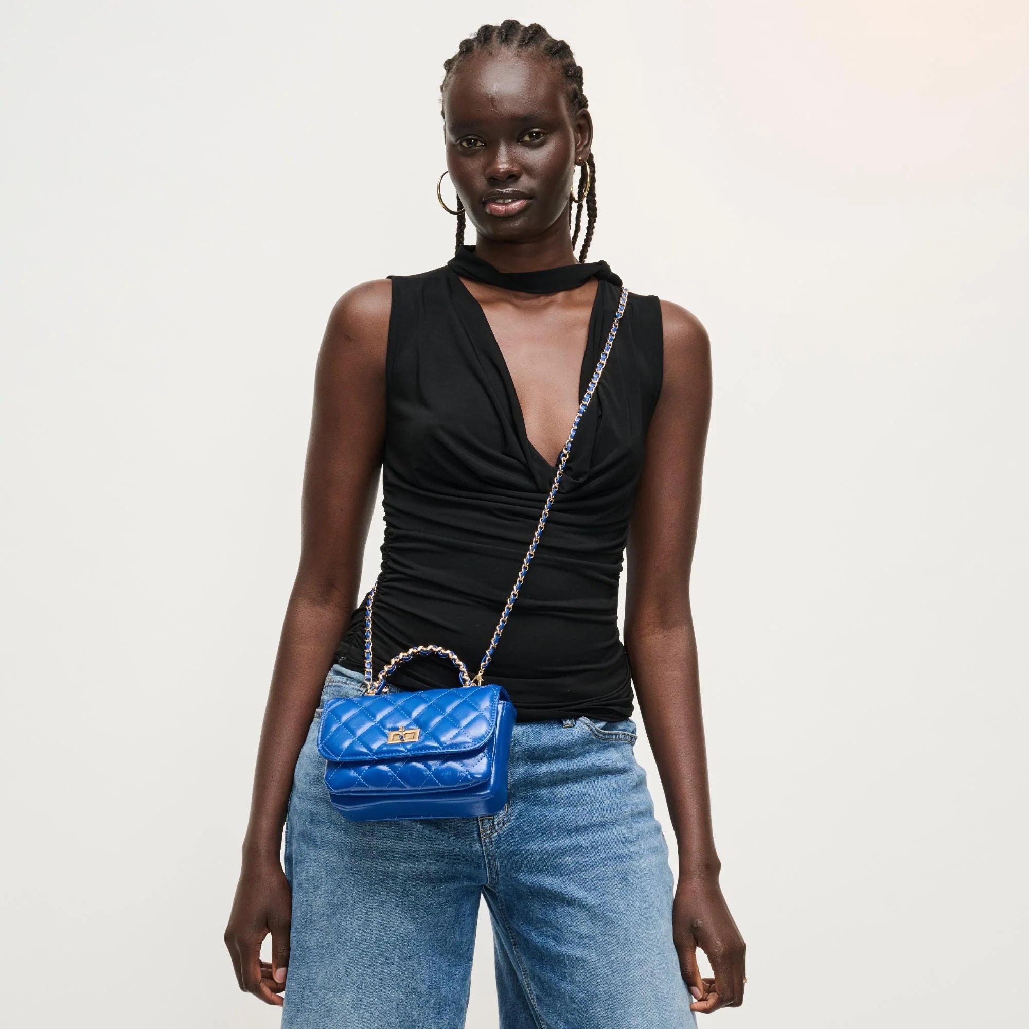 Blue leather quilted handbag with chain strap model 3