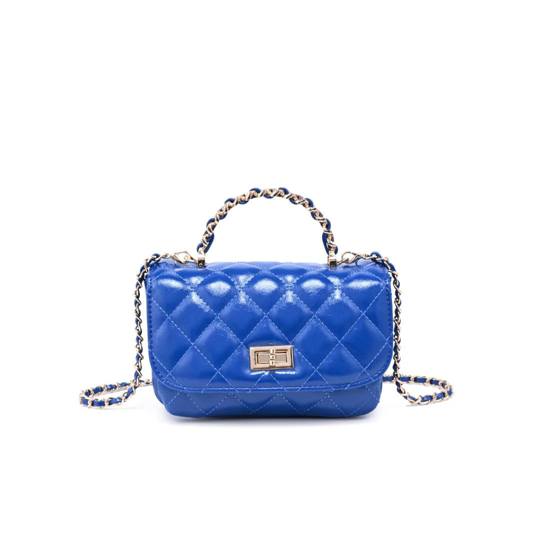 Blue leather quilted handbag with chain strap