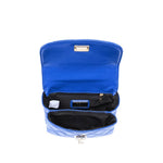 Blue leather quilted handbag with chain strap opening