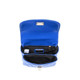 Blue leather quilted handbag with chain strap opening