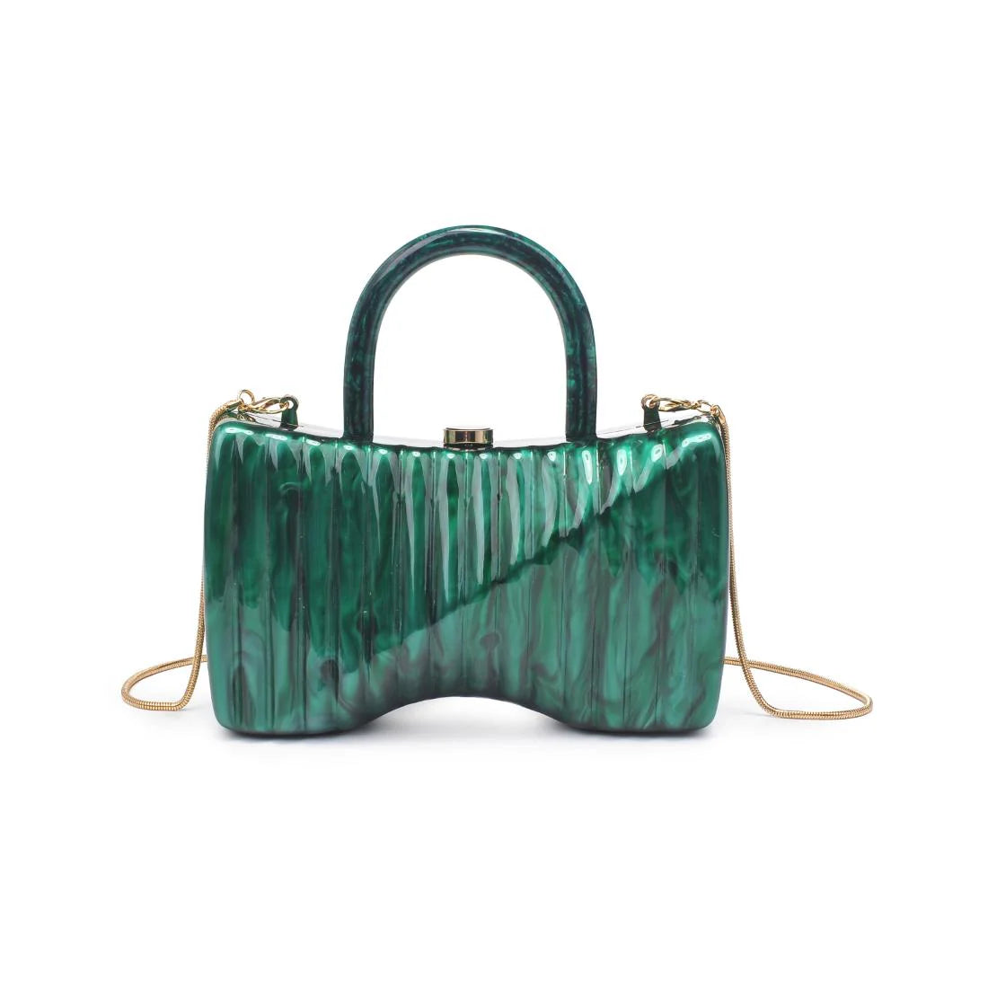 Green marbled handbag with gold gold shoulder chain strap and green handles