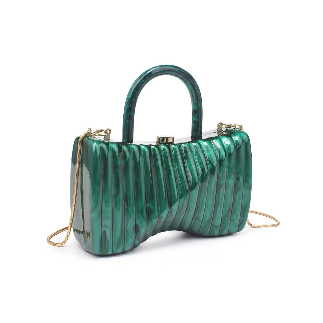 Green marbled handbag with gold gold shoulder chain strap and green handles alt view