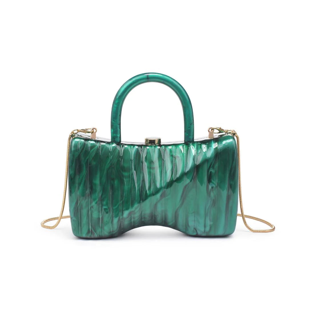 Green marbled handbag with gold gold shoulder chain strap and green handles back