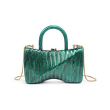 Green marbled handbag with gold gold shoulder chain strap and green handles back