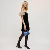 Blue marbled handbag with gold gold shoulder chain strap and blue handles model 4
