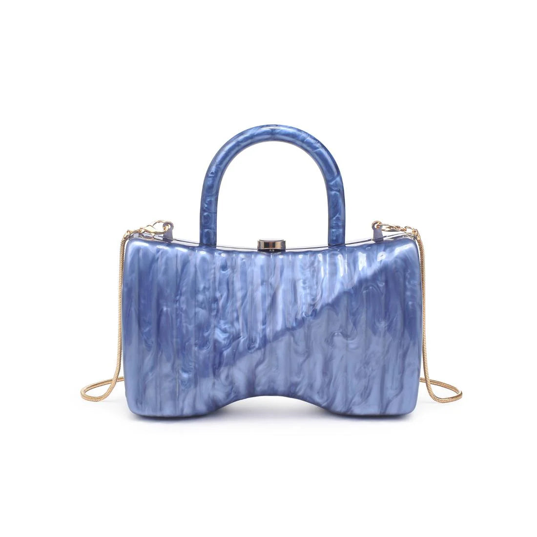 Blue marbled handbag with gold gold shoulder chain strap and blue handles
