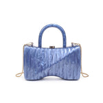 Blue marbled handbag with gold gold shoulder chain strap and blue handles