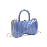 Blue marbled handbag with gold gold shoulder chain strap and blue handles alt view
