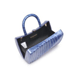 Blue marbled handbag with gold gold shoulder chain strap and blue handles opening