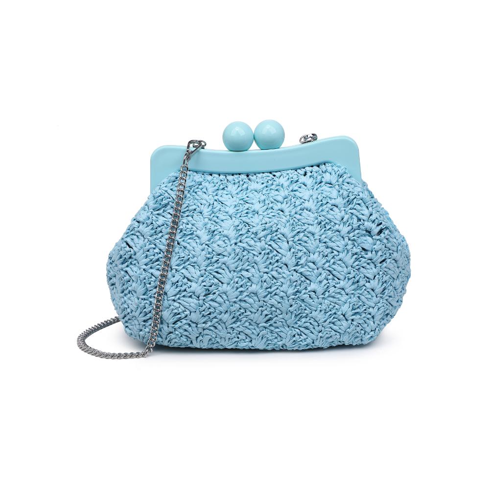 Light blue textured handbag with a chain strap