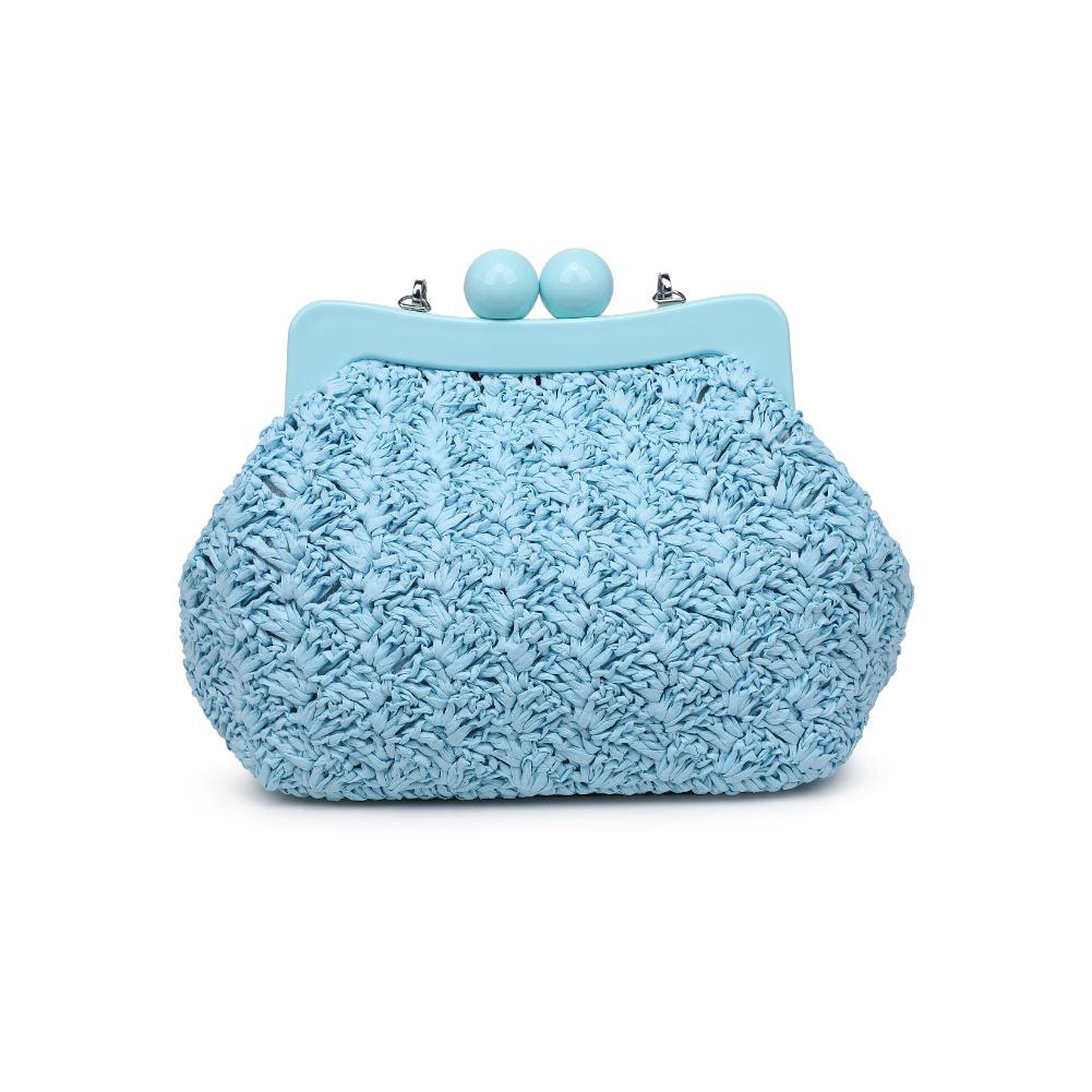 Light blue textured handbag with a chain strap back