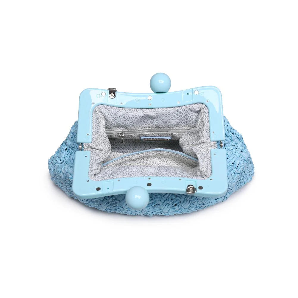 Light blue textured handbag with a chain strap opening