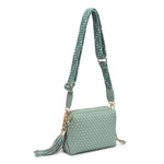 Green textured handbag with a green black and white striped strap alt view