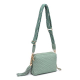 Green textured handbag with a green black and white striped strap alt view