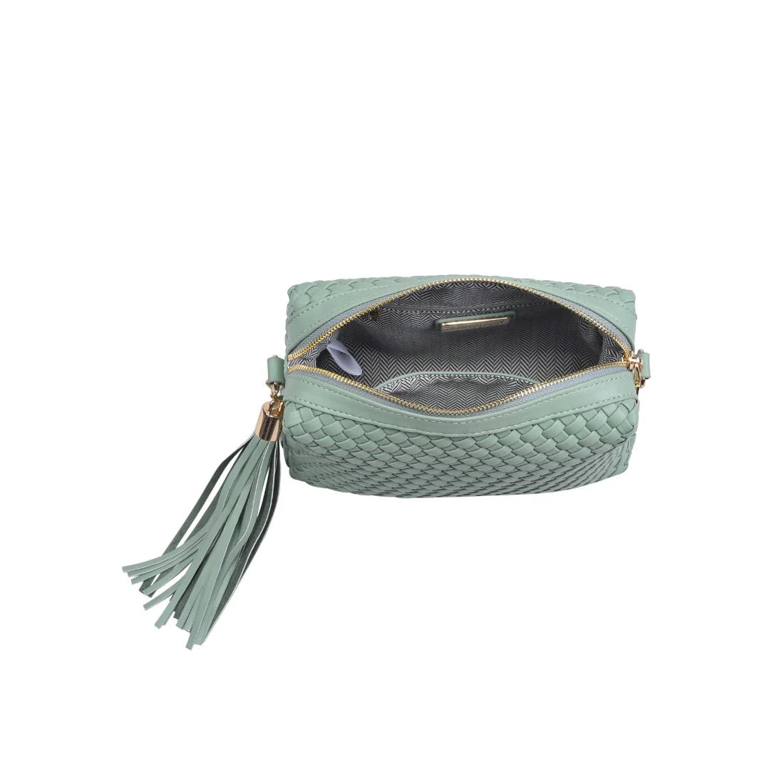 Green textured handbag with a green black and white striped strap opening