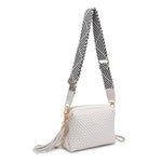 White textured handbag with a black and white striped strap alt view