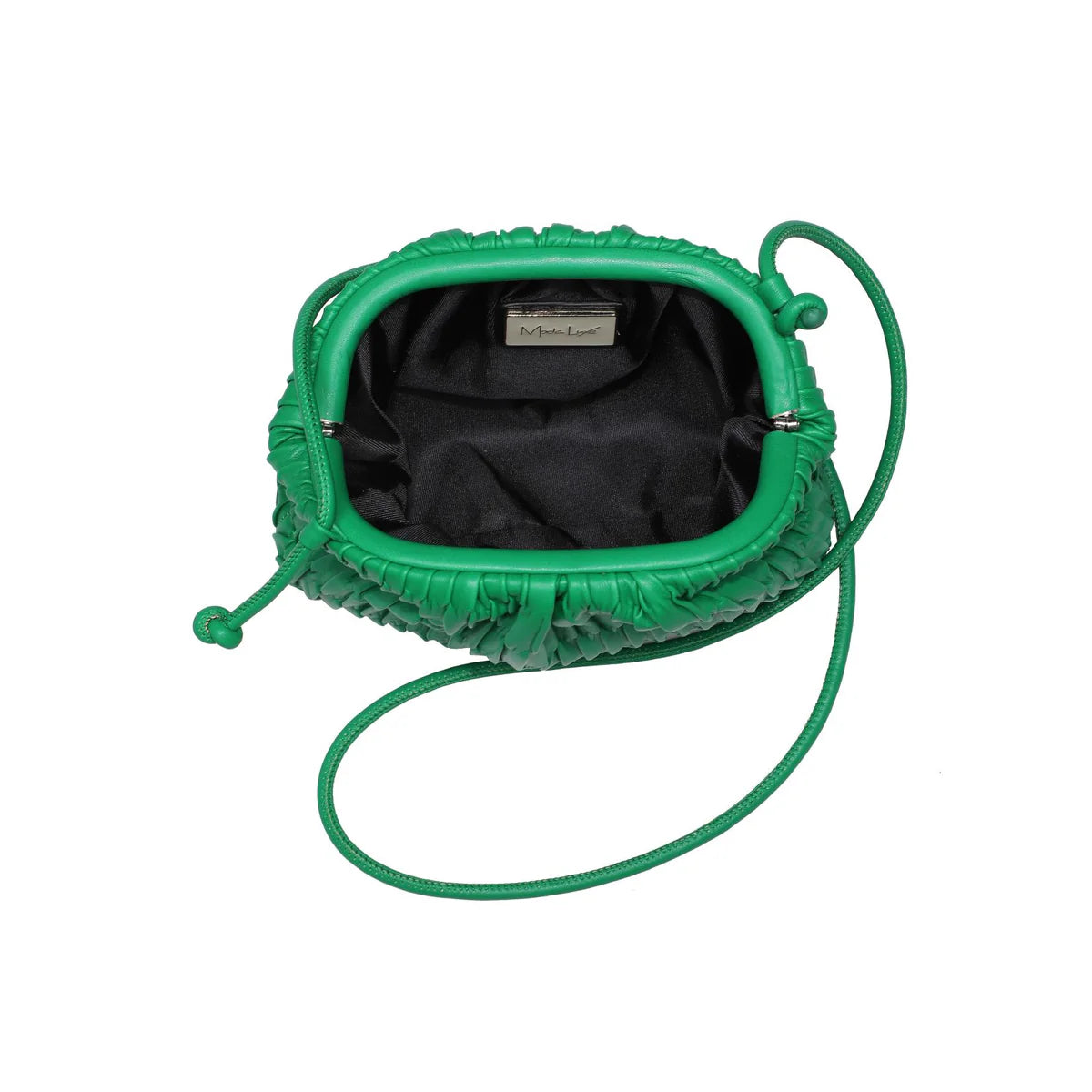 Green pleated handbag with a strap opening