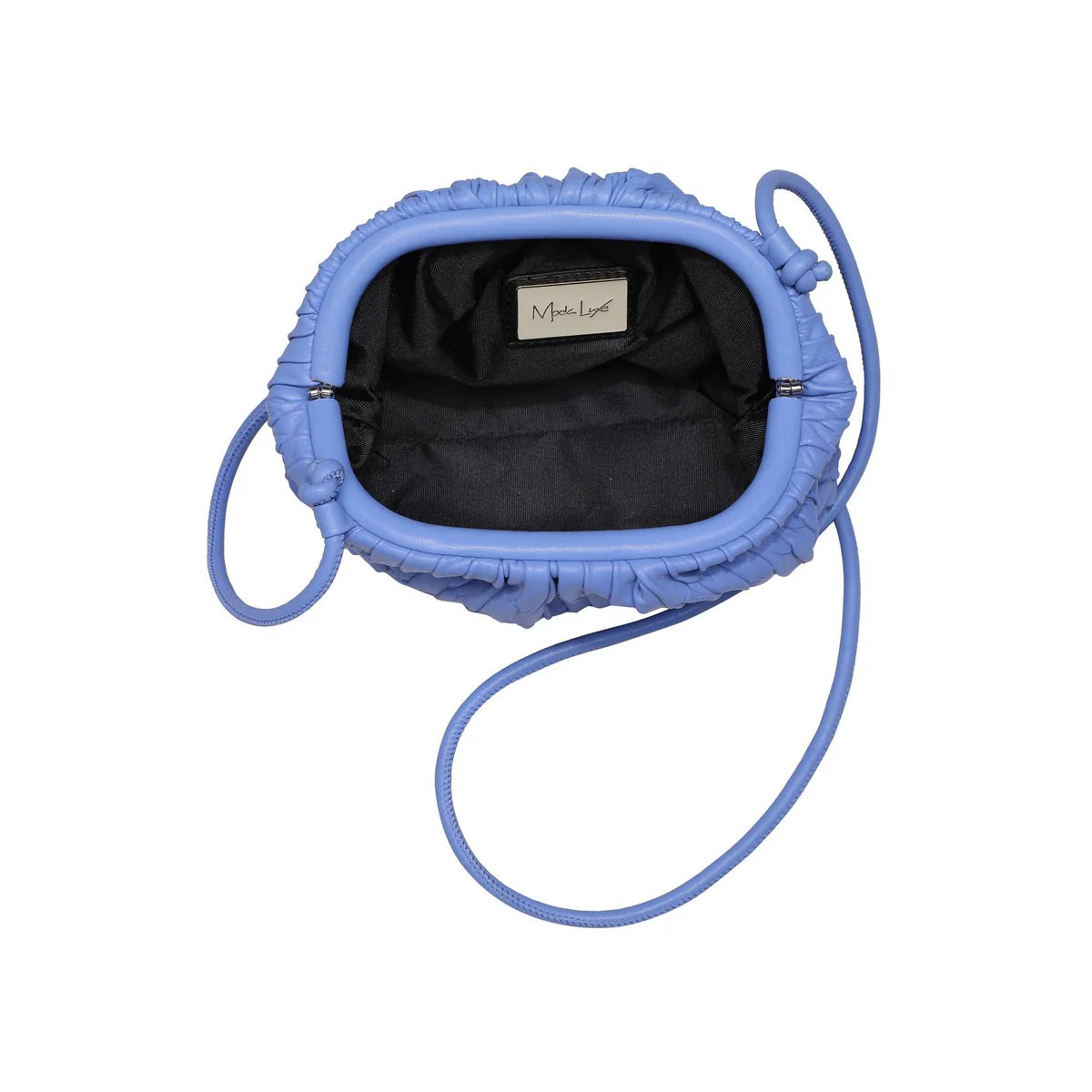 Blue pleated handbag with a strap opening
