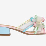 Colorful pastel heel with a light blue block heel close-up