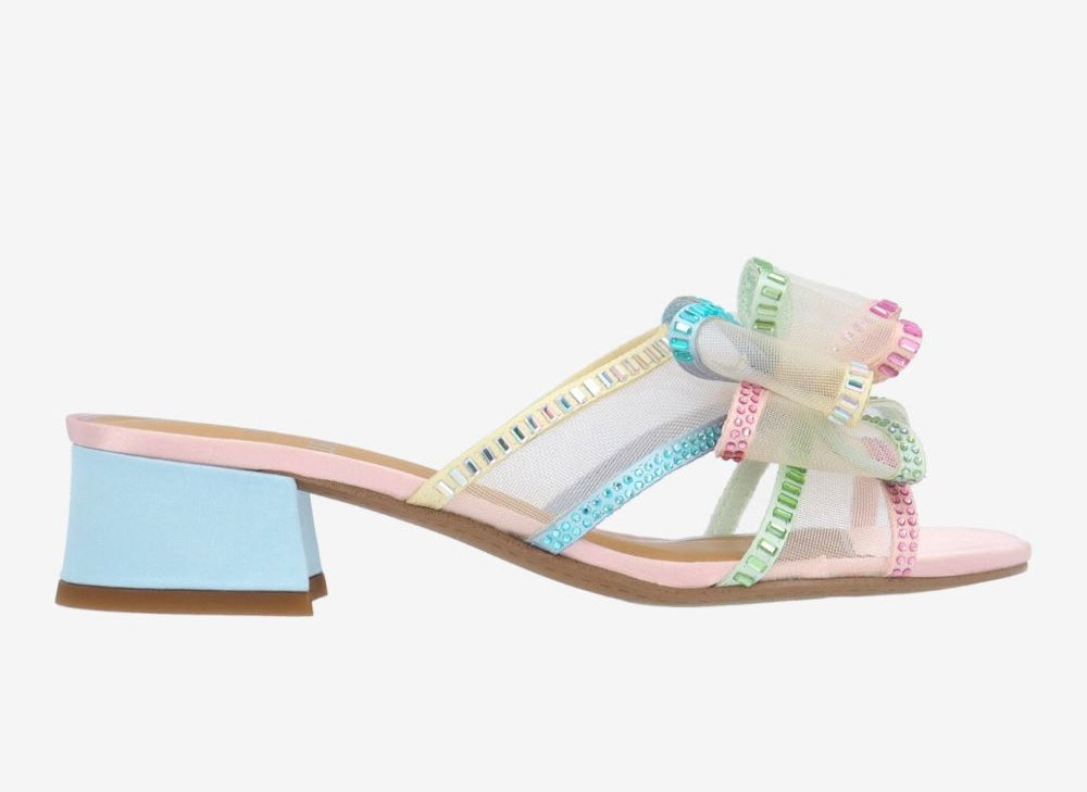 Colorful pastel heel with a light blue block heel close-up